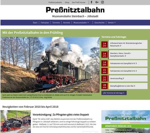 Startansicht auf „pressnitztalbahn.de“ bei Onlineschaltung des neuen Internetangebotes der Preßnitztalbahn.