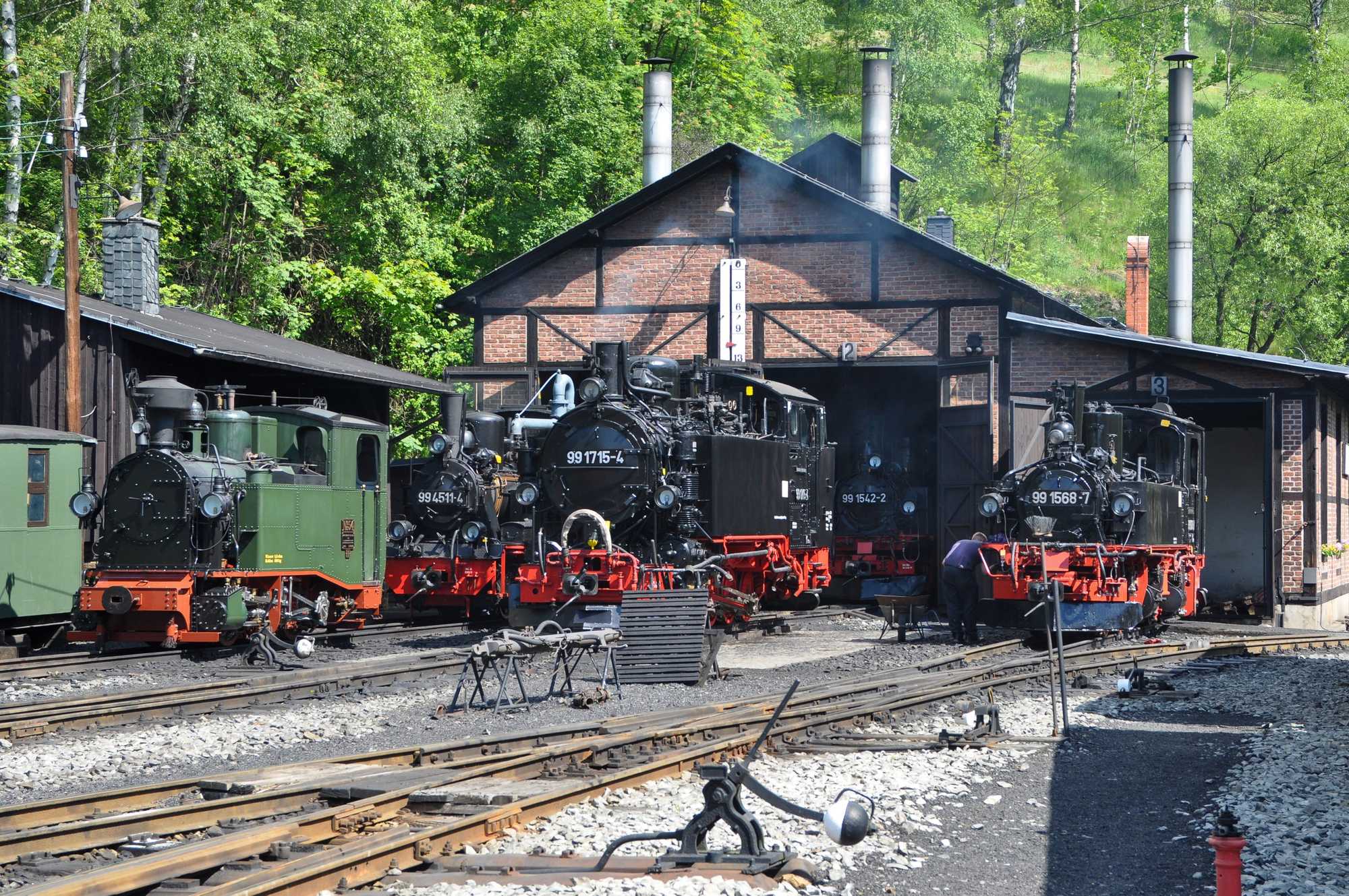 Fünf Loks stehen im Lokbahnhof Jöhstadt bereit