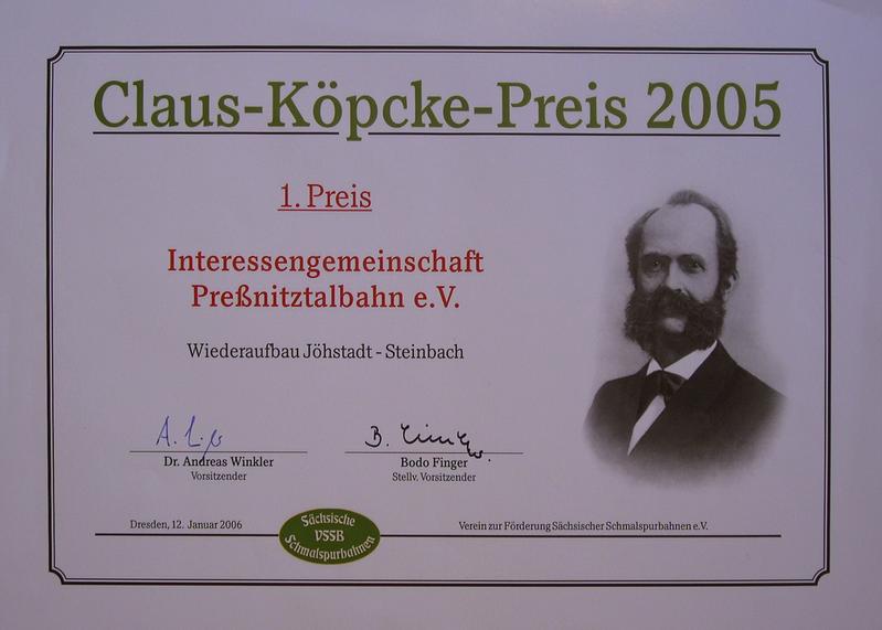 Urkunde zum "Claus-Köpcke-Preis 2005"