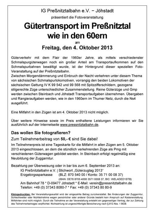 Veranstaltungsankündigung 4. Oktober 2013: Gütertransport im Preßnitztal wie in den 60ern
