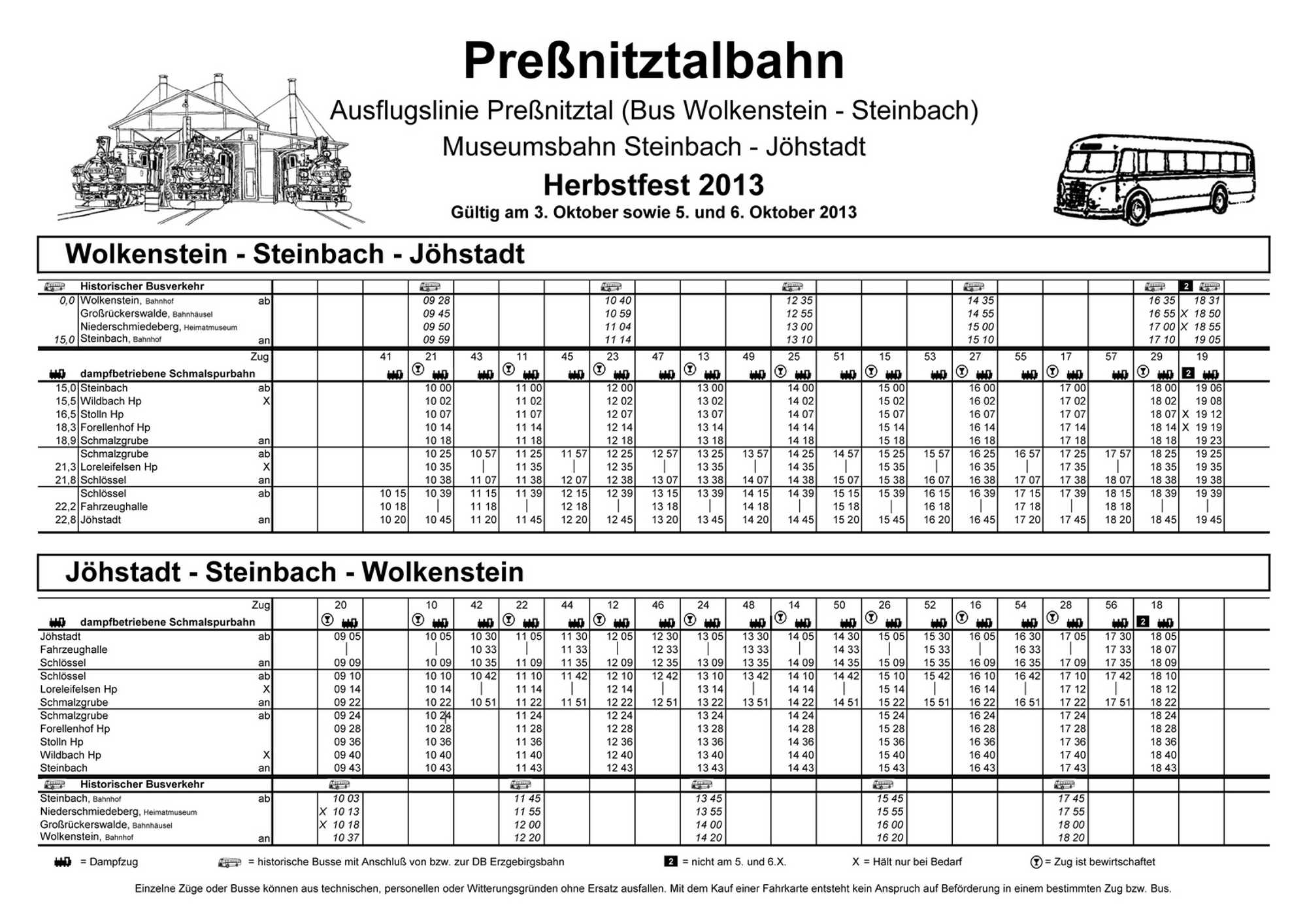 Fahrplanaushang für den 3. sowie 5. und 6. Oktober 2013.