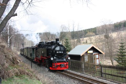 Gastlok 99 1781-6 von der Insel Rügen erreicht mit ihrem Zug den Bahnhof Jöhstadt.