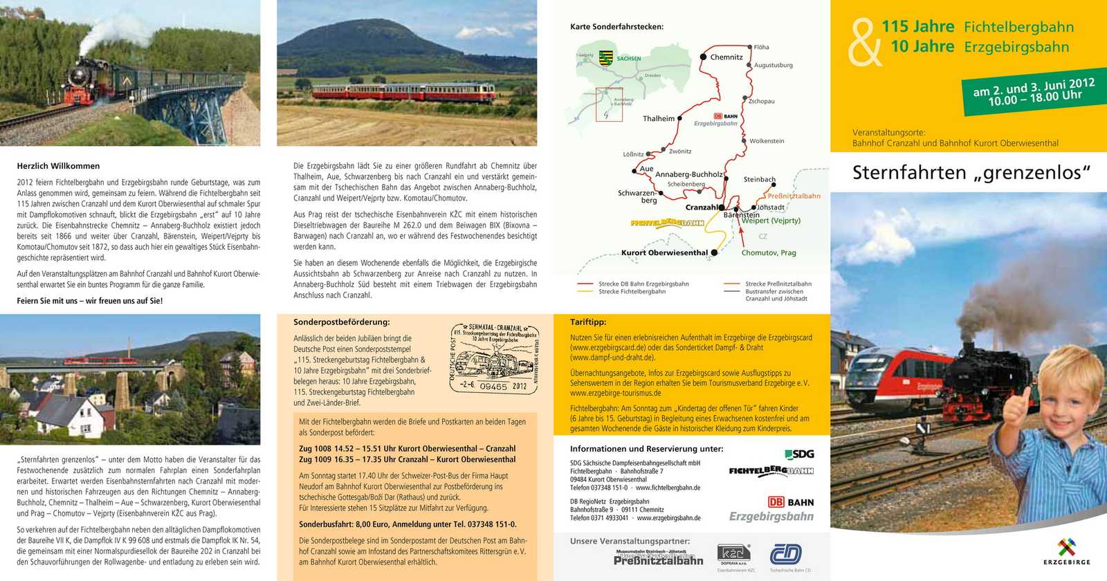 Veranstaltungsflyer Seite 1 zur Veranstaltung „115 Jahre Fichtelbergbahn & 10 Jahre Erzgebirgsbahn“