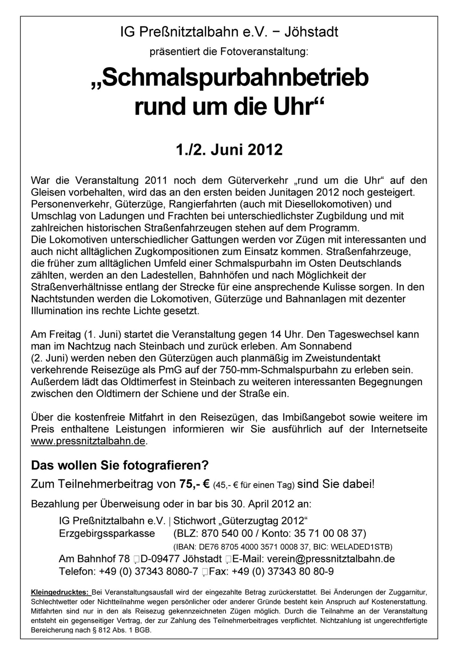Veranstaltungsankündigung für den "Schmalspurbahnbetrieb rund um die Uhr" am 1. und 2. Juni 2012.