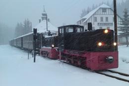 Mit der Kraft der zwei Dieselloks 199 007-6 und 199 009-2 wird ein Sonderzug mit sechs Wagen durch das dichte Schneetreiben in Richtung Jöhstadt gezogen.