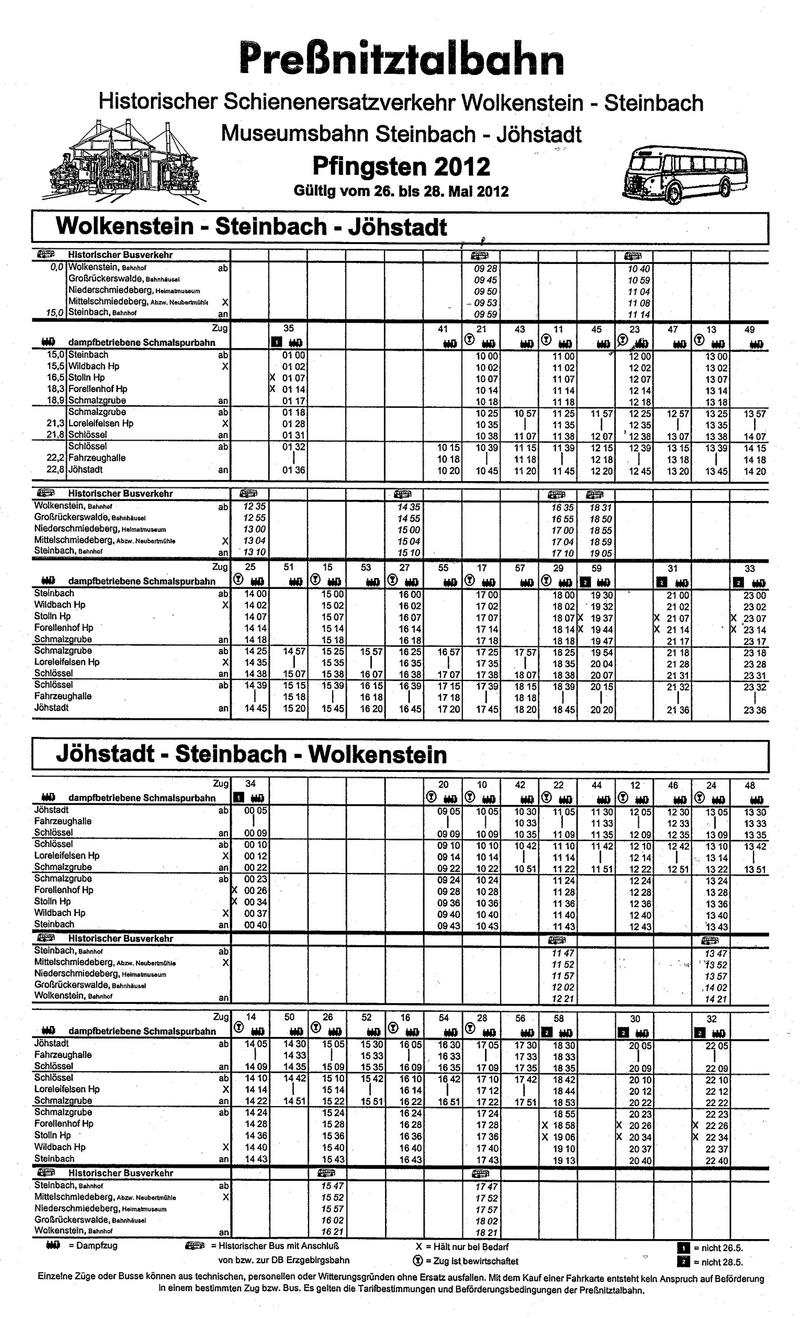 Pfingsten 2012: Fahrplan Steinbach - Jöhstadt mit Historischem Schienenersatzverkehr Wolkenstein - Steinbach