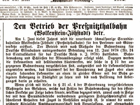 Ausschnitt aus der Titelseite des Annaberger Wochenblatt vom 31. Mai 1892 über die Betriebsaufnahme der „Preßnitzthalbahn“ am 1. Juni 1892.
