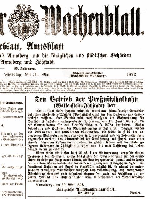 Ausschnitt aus der Titelseite des Annaberger Wochenblatt vom 31. Mai 1892 über die Betriebsaufnahme der „Preßnitzthalbahn“ am 1. Juni 1892.