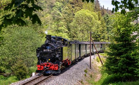 Im Preßnitztal zwischen den Haltepunkten Wildbach und Andreas Gegenstrom Stolln ist VI K 99 1715-4 mit ihrem Zug Pfingsten 2020 unterwegs.