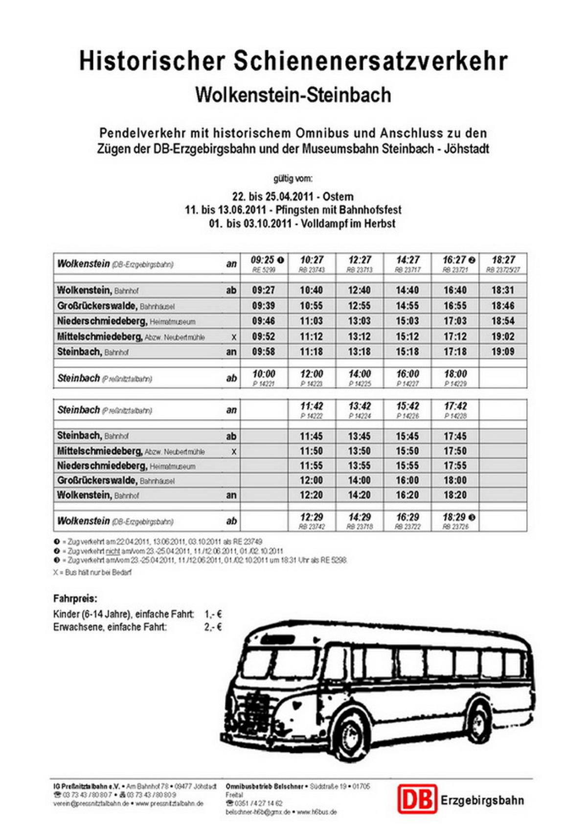 Fahrplan Historischer Schienenersatzverkehr Wolkenstein - Steinbach zu Ostern 2011