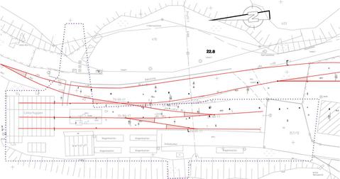 Dieser Ausschnitt aus dem aktuellen Gleisplan des Bahnhofes Jöhstadt stellt den Betrachtungsbereich für die anstehenden Aufgaben und Planungen für den vierten Bauabschnitt dar (gepunktete Linie).