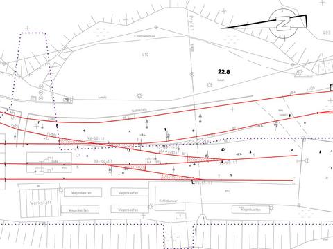 Dieser Ausschnitt aus dem aktuellen Gleisplan des Bahnhofes Jöhstadt stellt den Betrachtungsbereich für die anstehenden Aufgaben und Planungen für den vierten Bauabschnitt dar (gepunktete Linie).