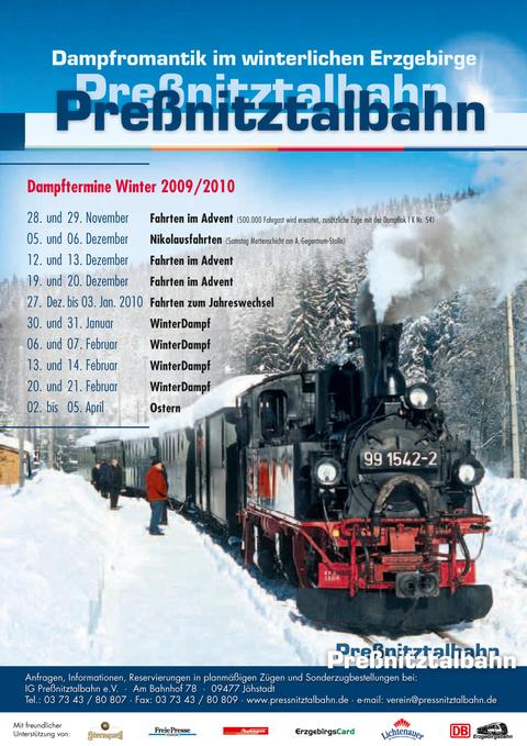 Plakat Winter 2009/2010 mit den Fahrtagen von November bis April.