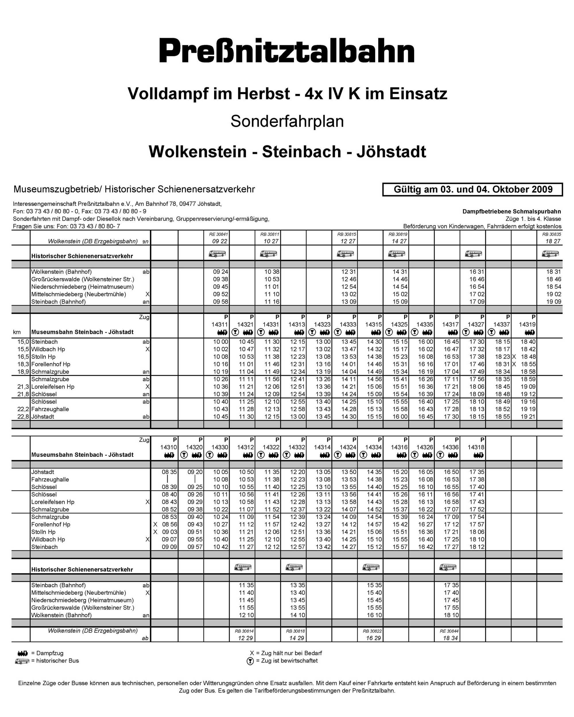 Aushangfahrplan für alle Züge und den Busverkehr Wolkenstein-Steinbach an 3. und 4. Oktober 2009.