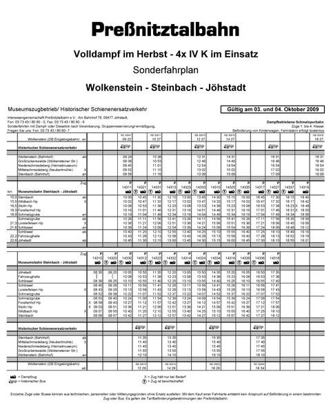 Aushangfahrplan für alle Züge und den Busverkehr Wolkenstein-Steinbach an 3. und 4. Oktober 2009.