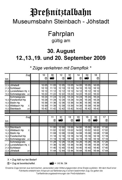 Fahrplan für die Einsatztage der I K Nr. 54 im September 2009.