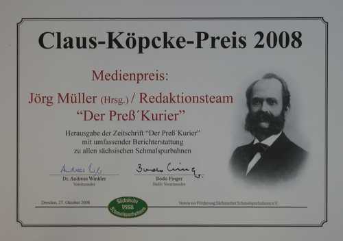 Urkunde „Claus-Köpcke-Preis 2008“ Medienpreis für Jörg Müller als Herausgeber und das Redaktionsteam „Der Preß’-Kurier“