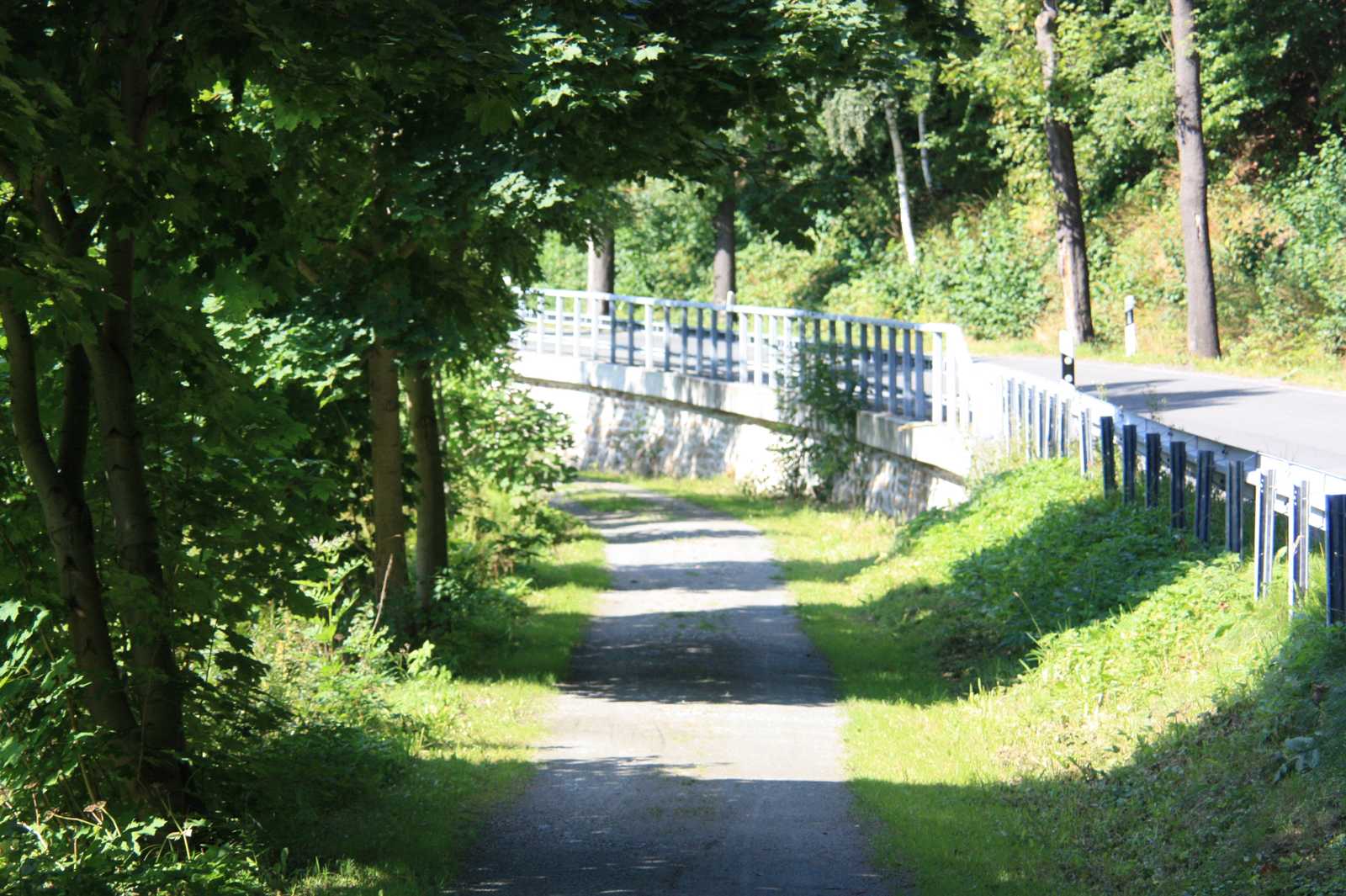 Bevor die Strecke die Station Niederschmiedberg erreicht, führte das Gleis parallel der Straße unterhalb dieser Stützmauer entlang - heute ebenfalls Radweg.