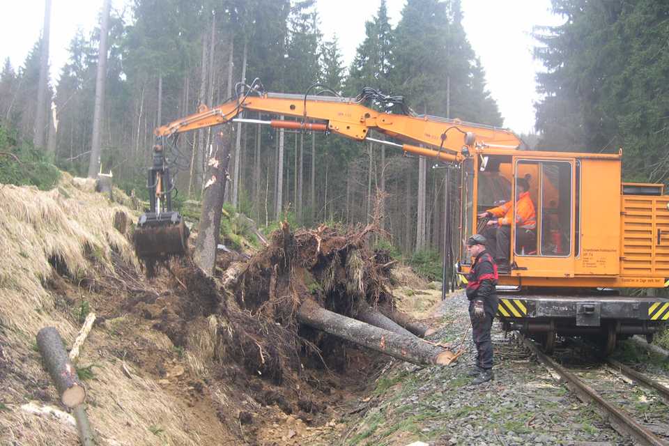 Nach der Beräumung der Holzstumpen werden an einigen Stellen Erde und Steine aus dem Bahngraben gebaggert.