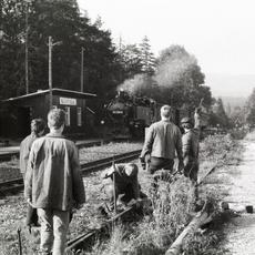 Während Mitglieder der IG Preßnitztalbahn in Kretzscham-Rothensehma die Weiche von Gleis 3 demontieren, nähert sich 99 1781-6 mit einem Zug in Richtung Oberwiesenthal.