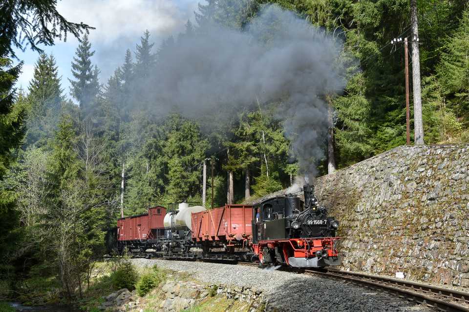 Mit dem Rollwagenzug war 99 1568-7 zwischen Schmalzgrube und dem Haltepunkt Loreleifelsen unterwegs