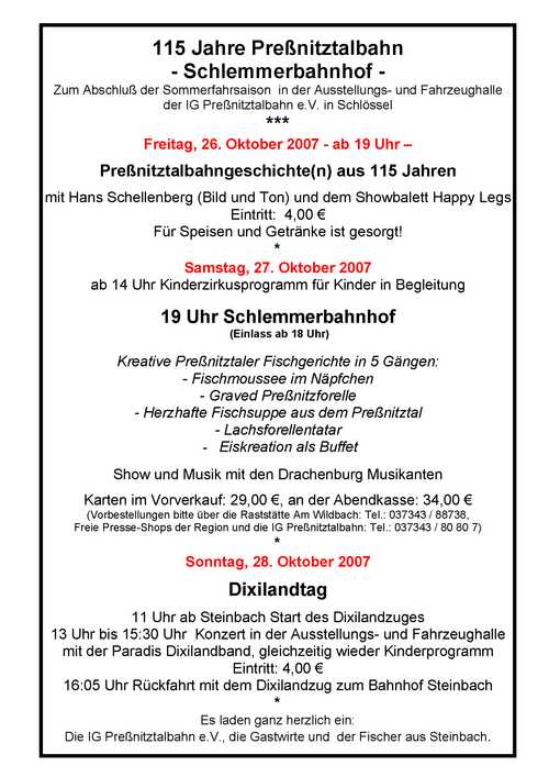 Veranstaltungsankündigung zum „Schlemmerbahnhof“ 26. bis 28. Oktober 2007