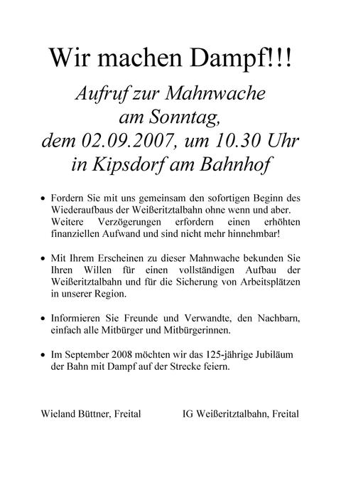 Aufruf zur Mahnwache am Sonntag, 2. September 2007 in Kipsdorf.