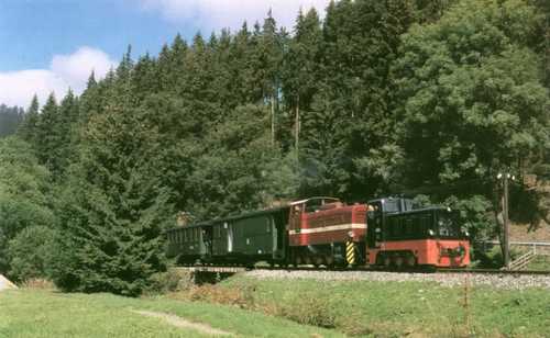 199 009 der Preßnitztalbahn und 199 013 der SOEG ziehen gemeinsam kurz vor dem Hp. Forellenhof ihren Zug Richtung Jöhstadt.