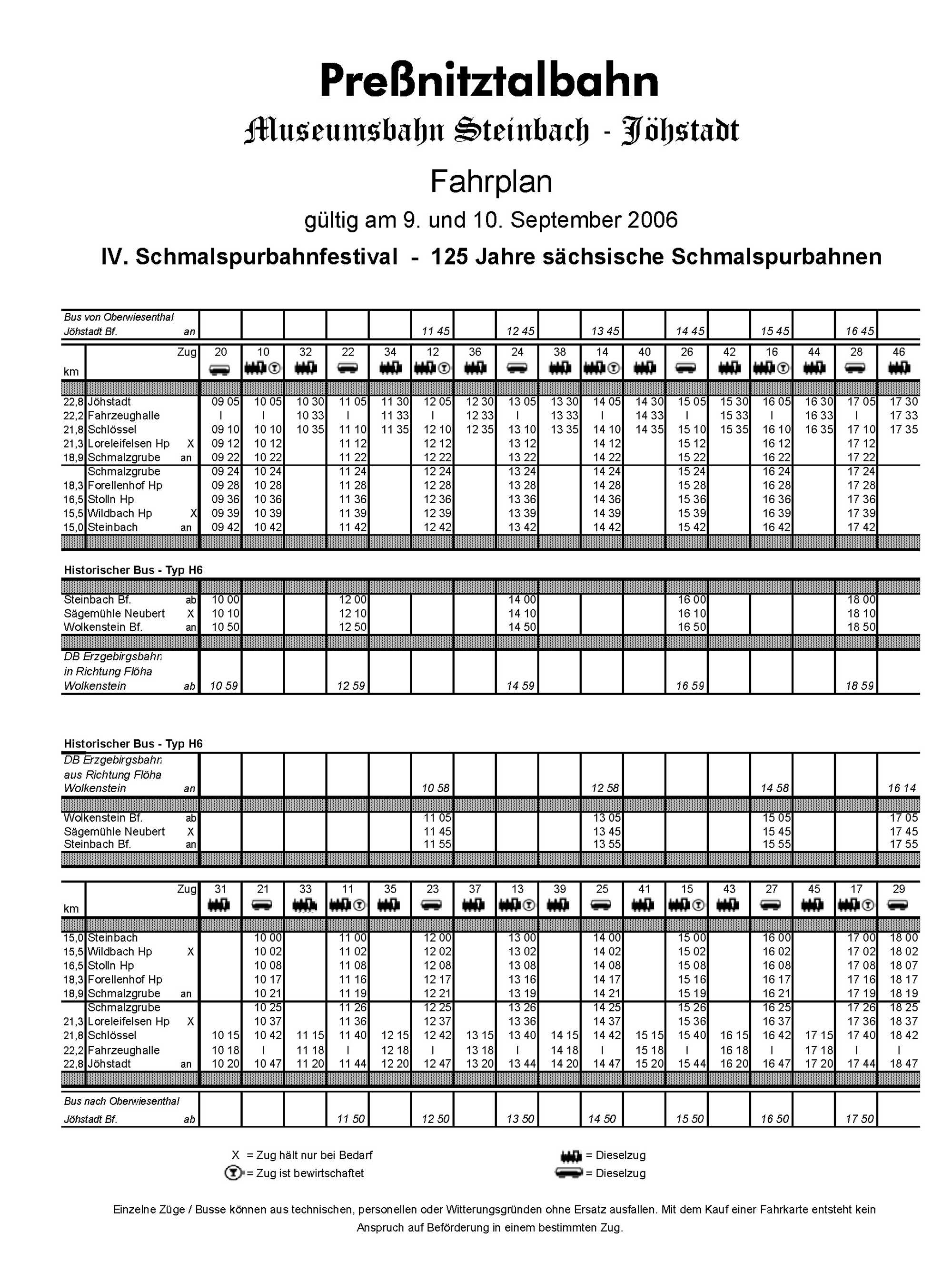 Fahrplan zum IV. Sächsischen Schmalspurbahnfestival 2006 bei der Preßnitztalbahn