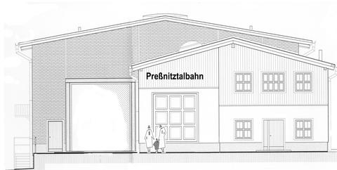 Ansicht der Ausstellungs- und Fahrzeughalle nach der Planungsdokumentation.
