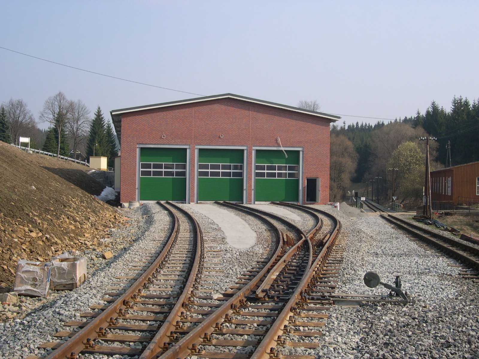 Blick über die „gestaltete“ Gleisanlage vor der Ausstellungs- und Fahrzeughalle.