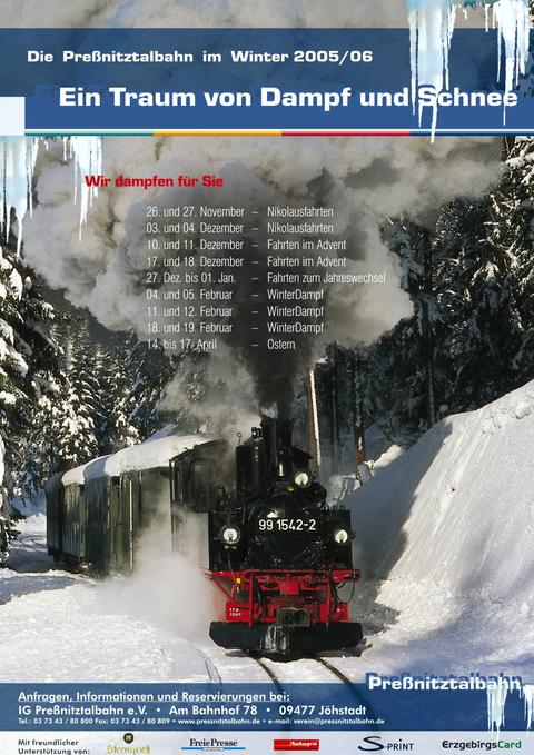 Plakat Winter 2005/2006 der Preßnitztalbahn mit Veranstaltungsterminen.
