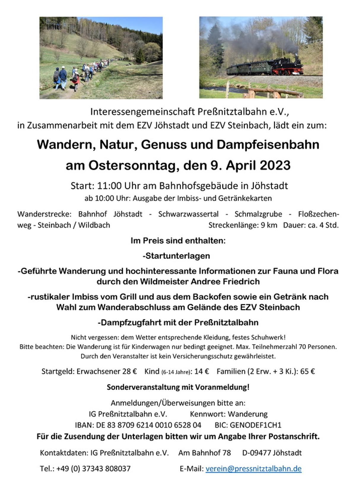 Veranstaltung „Wandern, Natur, Genuss und Dampfeisenbahn“ am Ostersonntag, 9. April 2023