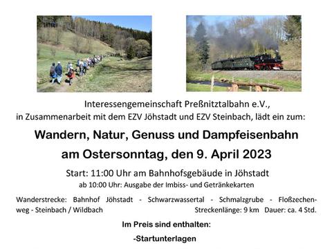 Veranstaltung „Wandern, Natur, Genuss und Dampfeisenbahn“ am Ostersonntag, 9. April 2023