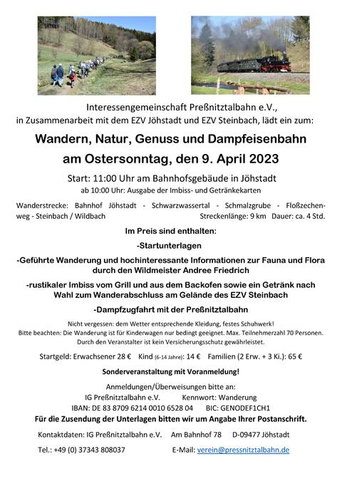 Veranstaltungsankündigung „Wandern, Natur, Genuss und Dampfeisenbahn“ am Ostersonntag, 9. April 2023