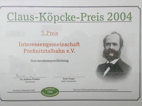 Urkunde zum „Claus-Köpcke-Preis 2004“