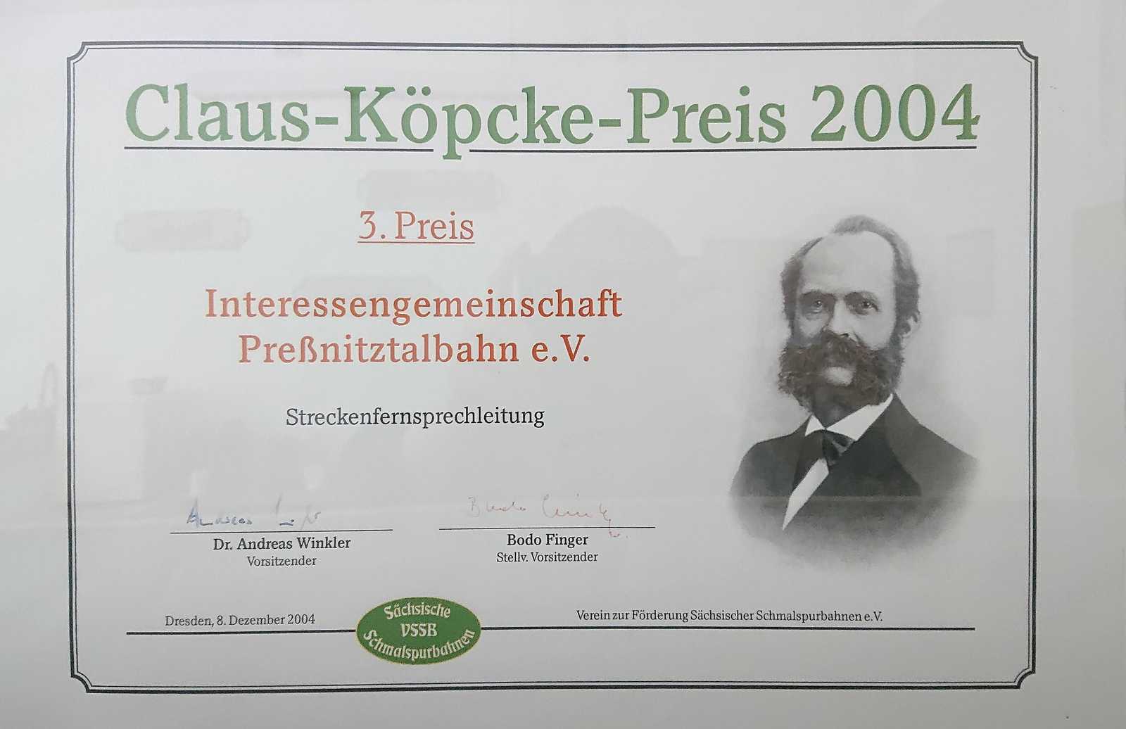 Urkunde zum „Claus-Köpcke-Preis 2004“ für den 3. Preis zum Projekt „Streckenfernsprechleitung“ der IG Preßnitztalbahn e.V.