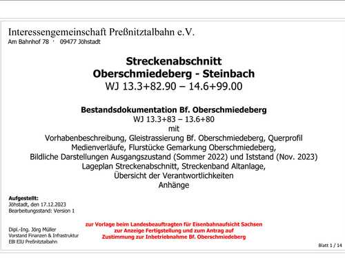 Deckblatt Bestandsdokumentation zum Antrag auf Betriebsaufnahme auf dem Bahnhof Oberschmiedeberg
