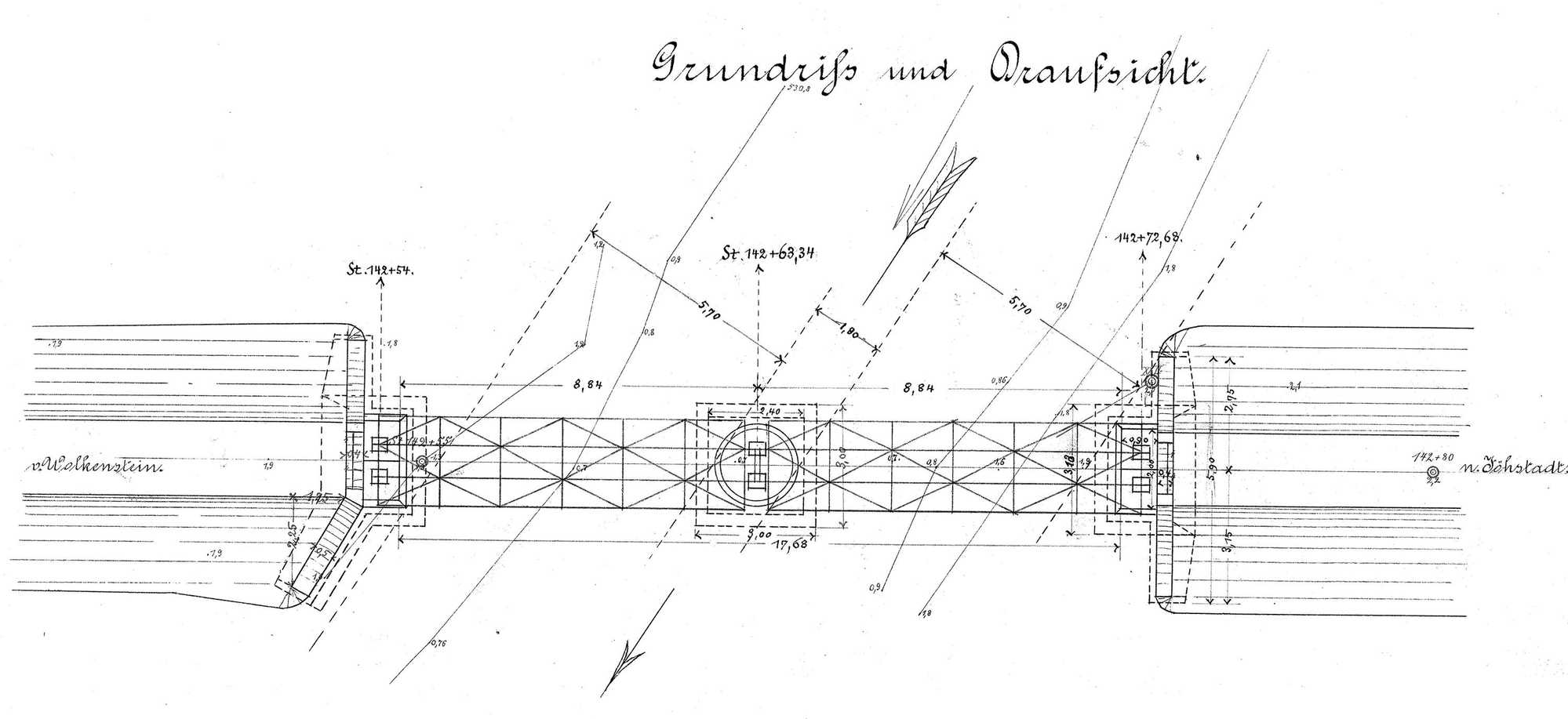 Draufsicht der Brücke (Zeichnungsstand vom 12. Mai 1891)