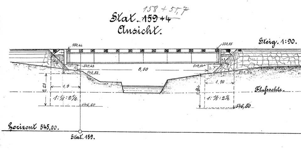 Seitenansicht der Brücke entsprechend der Planungszeichnung des Sectionsbureaus Jöhstadt.